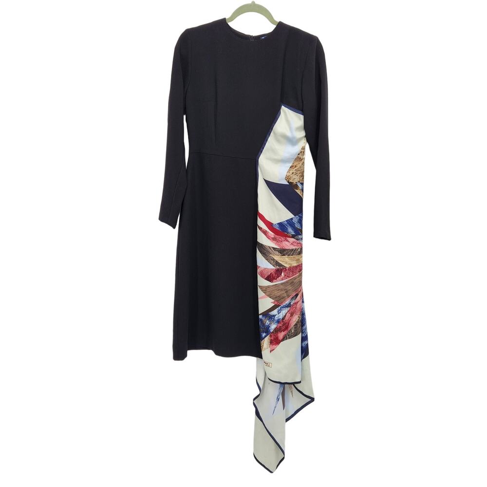 BARELLI Black Round Neck Dress with Attached Multi-Color Geometric Scarf Women 6
